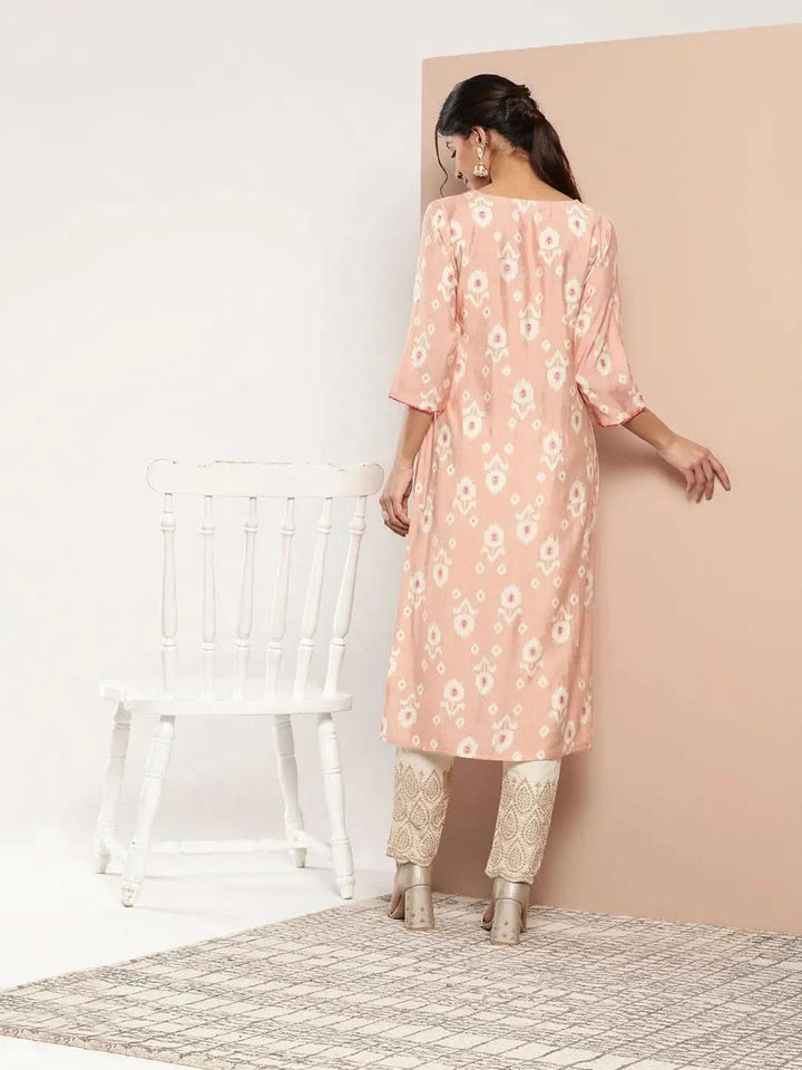 Peach Printed Silk Straight Kurta - Libas