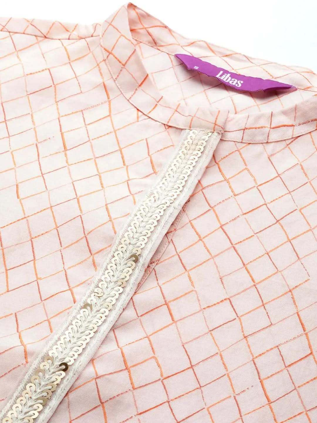 Peach Printed Silk Straight Kurta - Libas