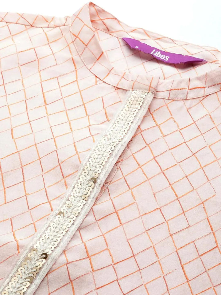 Peach Printed Silk Straight Kurta - Libas