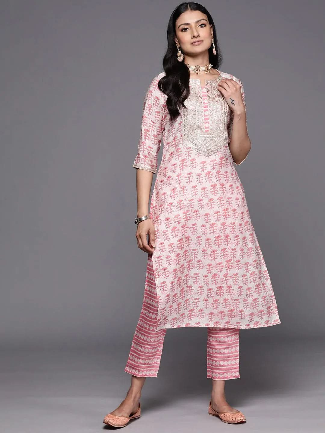 Women's Peach Printed Straight Kurta