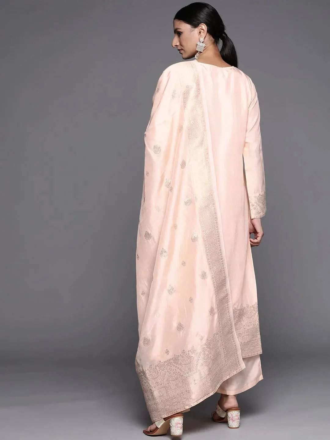 Peach Self Design Chanderi Silk Straight Kurta With Palazzos & Dupatta
Peach Self Design Chanderi Silk Straight Kurta With Palazzos & Dupatta