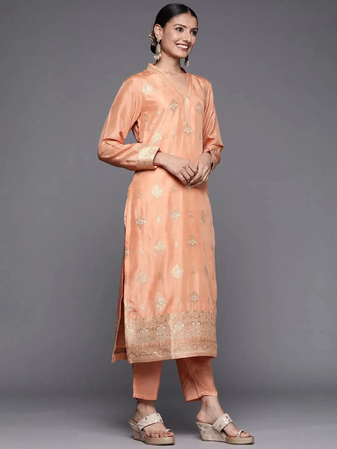 Peach Self Design Chanderi Silk Straight Suit Set - Libas