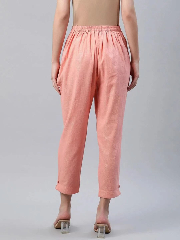 Peach Self Design Cotton Trousers - Libas