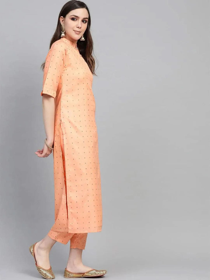 Peach Self Design Polyester Kurta Set - Libas