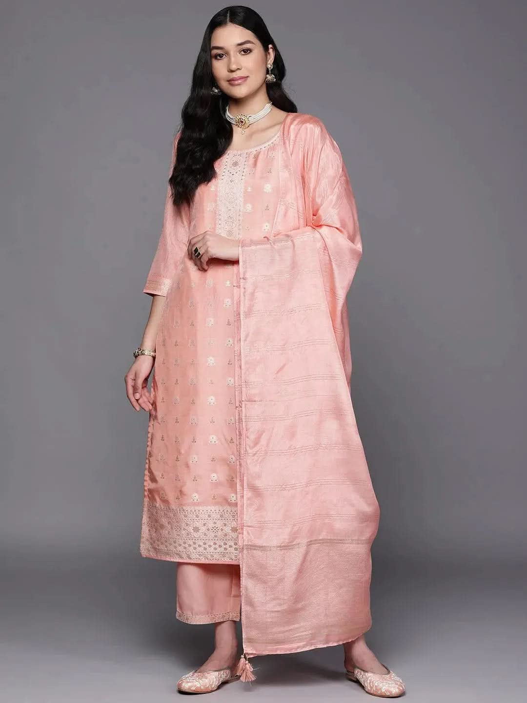Peach Self Design Silk Blend Straight Kurta With Trousers & Dupatta
Peach Self Design Silk Blend Straight Kurta With Trousers & Dupatta