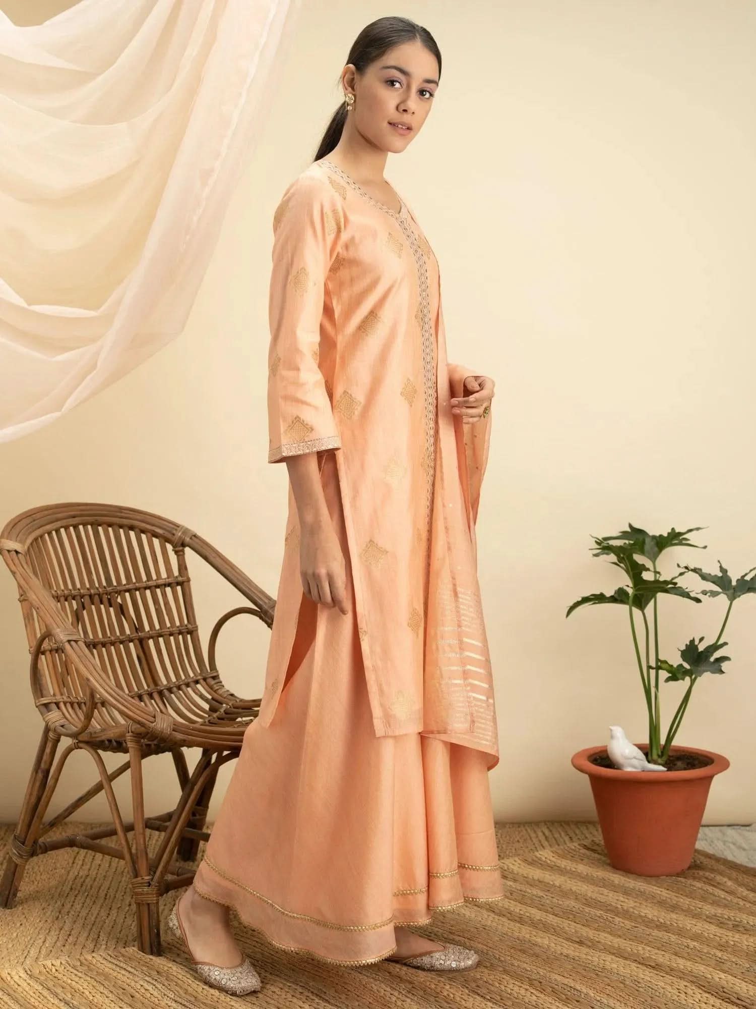 Buy Peach Self Design Silk Suit Set - 13098O- | Libas Ethnic Wear Online
Buy Peach Self Design Silk Suit Set - 13098O- | Libas Ethnic Wear Online
