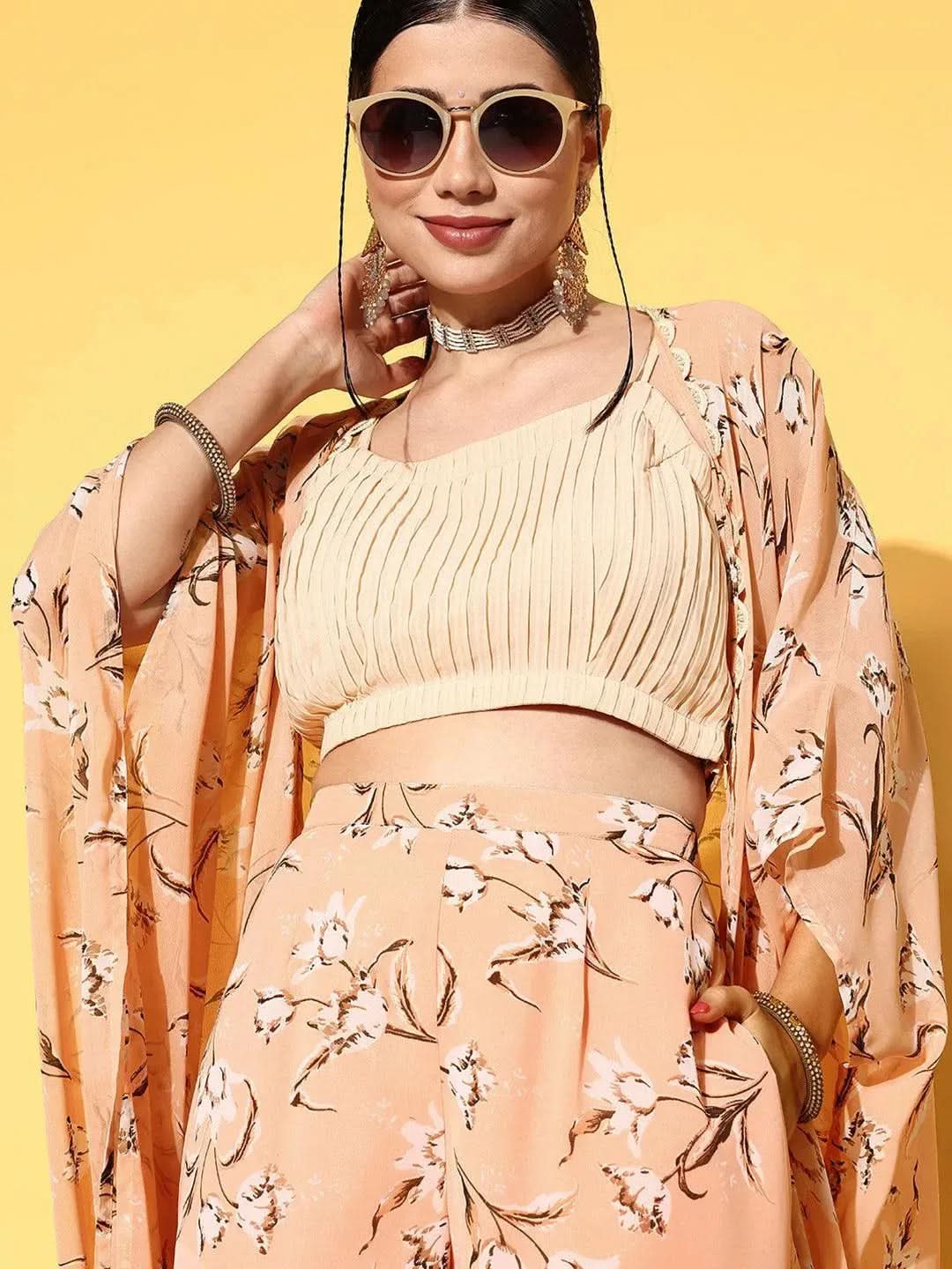 Peach Solid Georgette Co-Ords - Libas