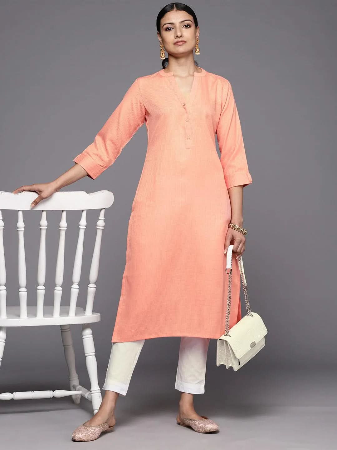 Peach Solid Rayon Straight Kurta - Libas