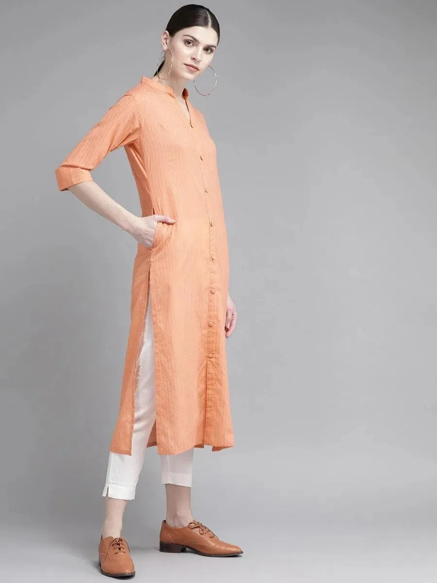 Peach Striped Cotton Kurta - Libas