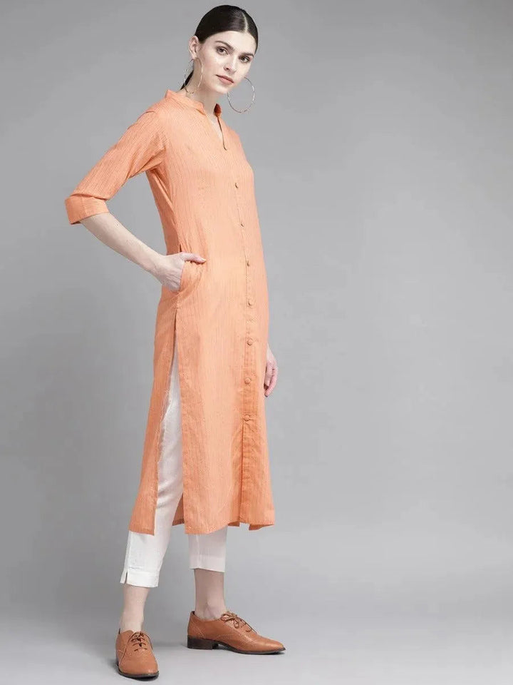 Peach Striped Cotton Kurta - Libas