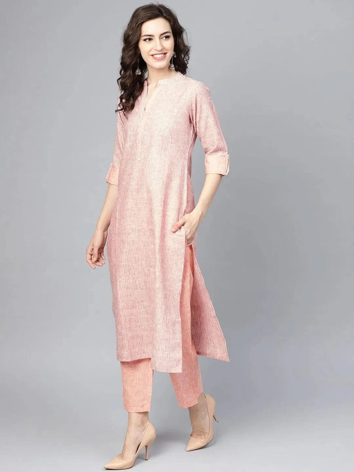 Peach Striped Cotton Kurta Set - Libas