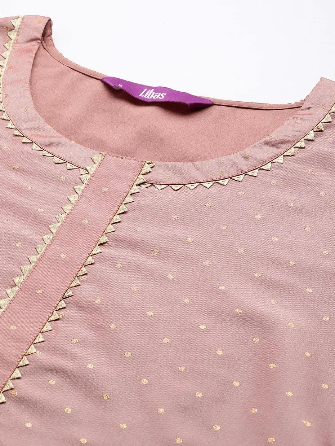 Peach Woven Design Art Silk Straight Kurta - Libas