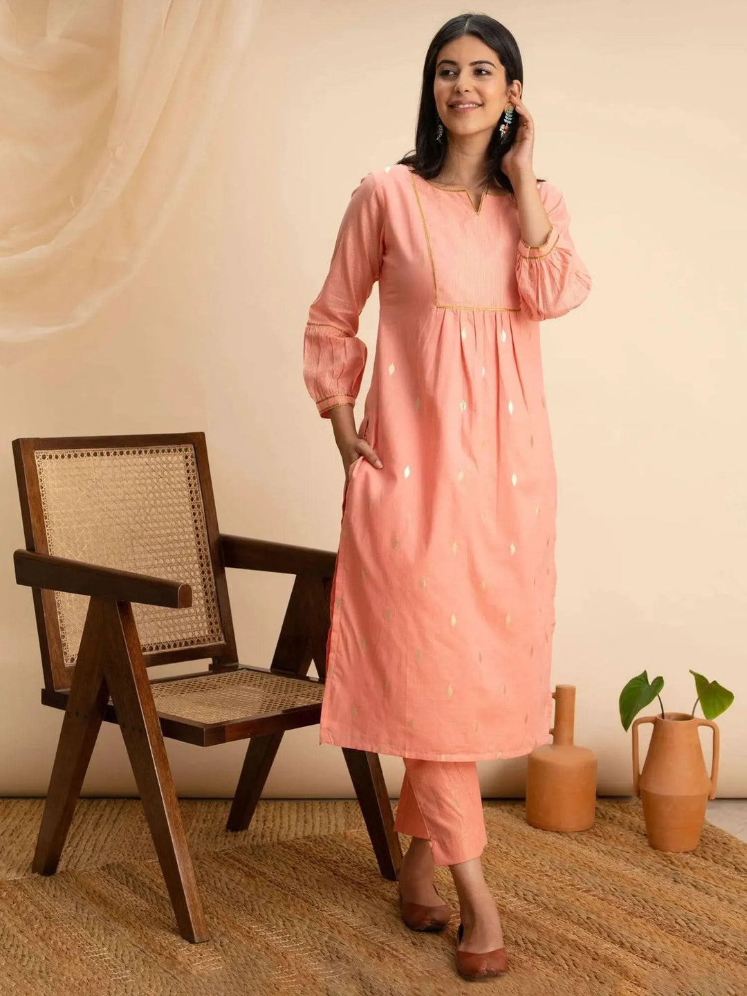 Peach Woven Design Cotton Kurta - Libas