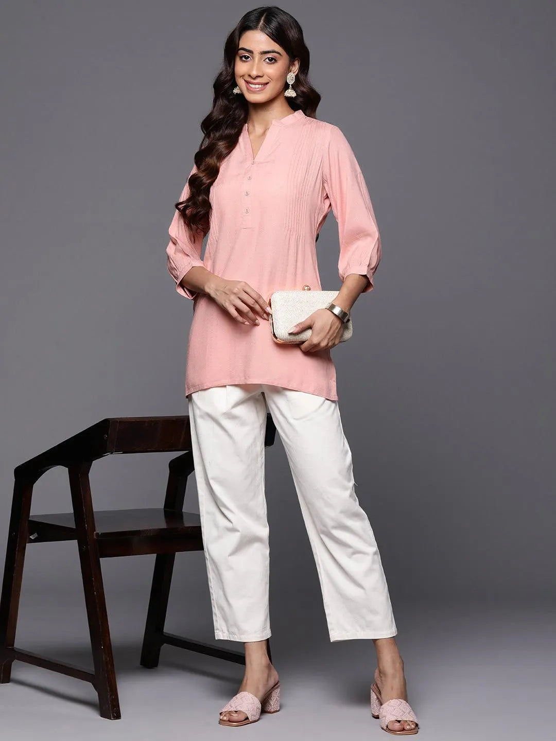 Peach Woven Design Rayon Straight Kurti Online at Rs.615 | Libas