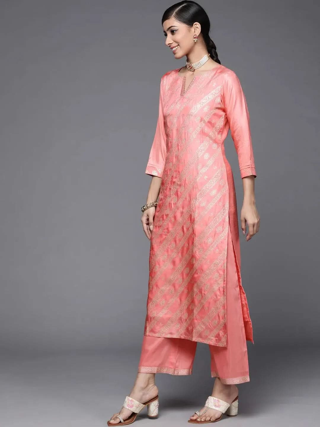 Peach Woven Design Silk Blend Straight Kurta With Palazzos & Dupatta - Libas