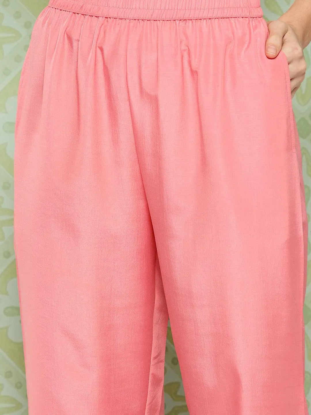 Peach Woven Design Silk Blend Straight Kurta With Trousers & Dupatta - Libas