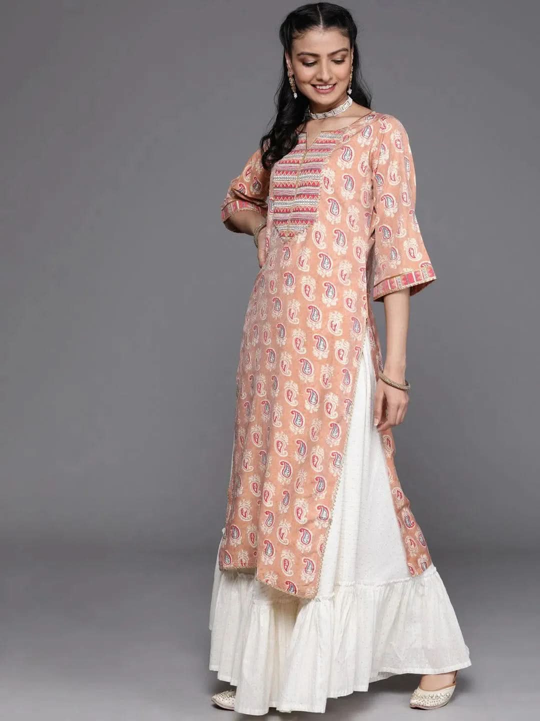 Peach Yoke Design Chanderi Silk Kurta - Libas