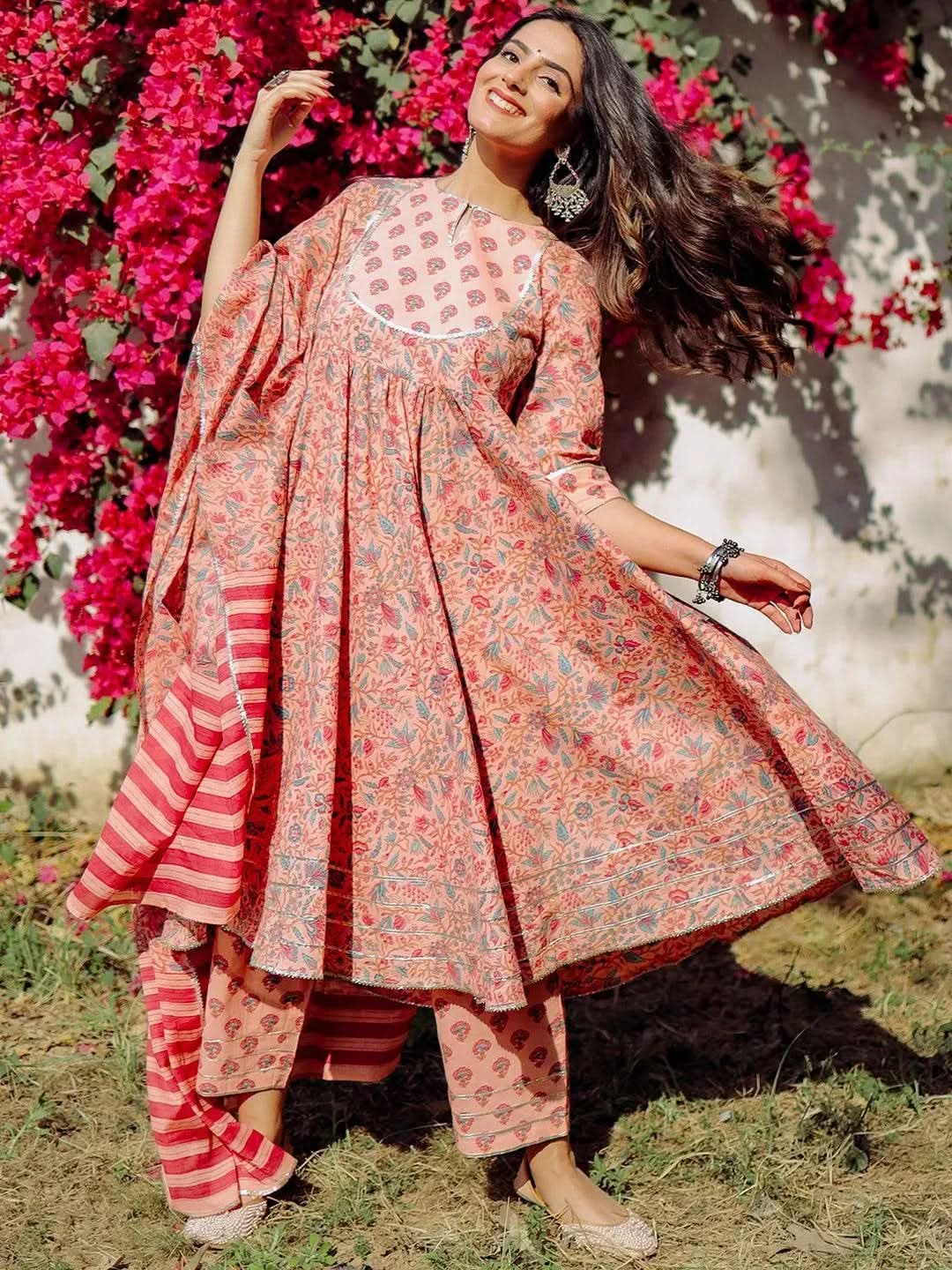 Buy Peach Yoke Design Cotton Anarkali Kurta With Trousers & Dupatta Online at Rs.1449 | Libas Buy Peach Yoke Design Cotton Anarkali Kurta With Trousers & Dupatta Online at Rs.1449 | Libas