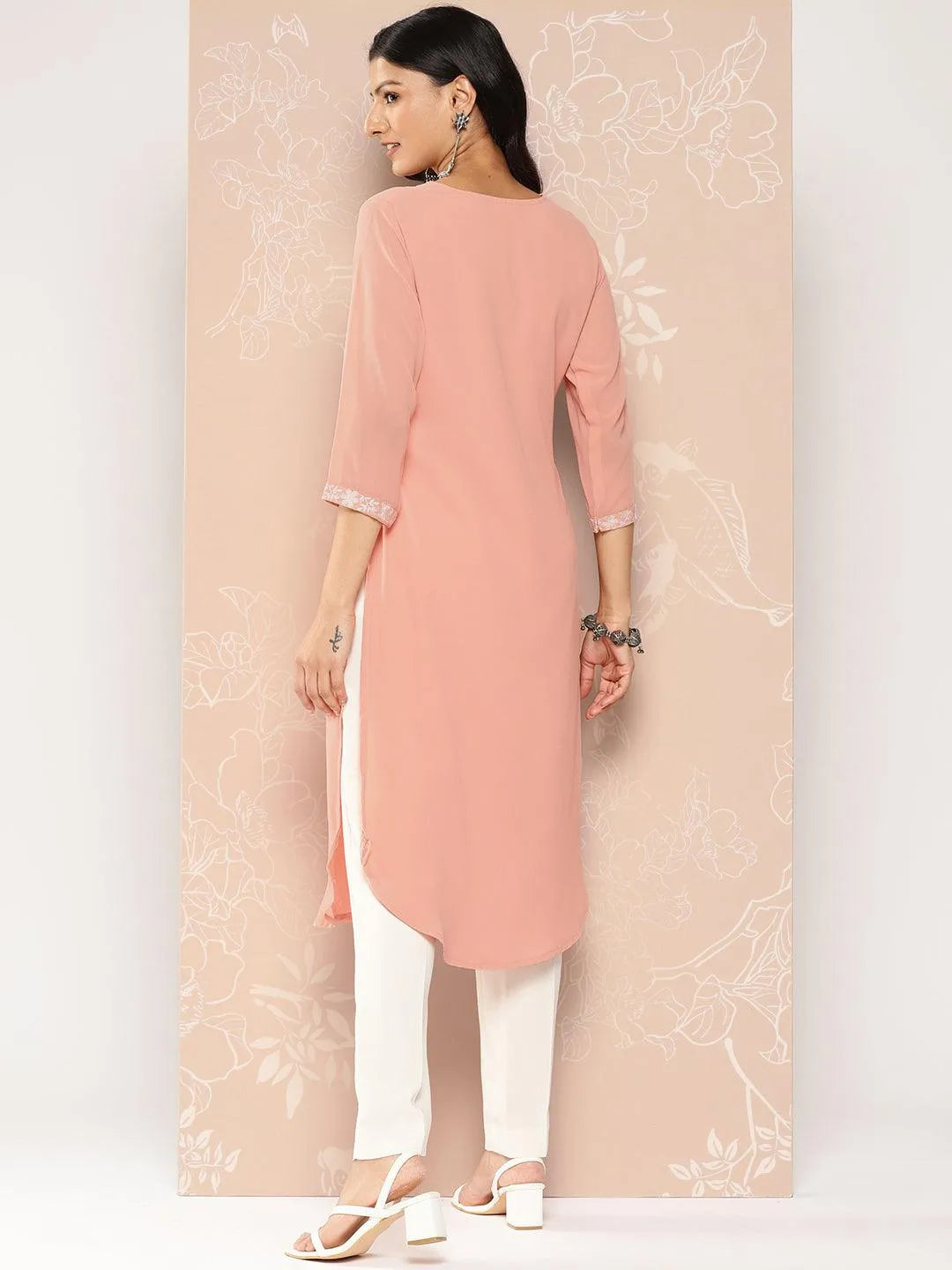 Peach Yoke Design Georgette Pathani Kurta - Libas
