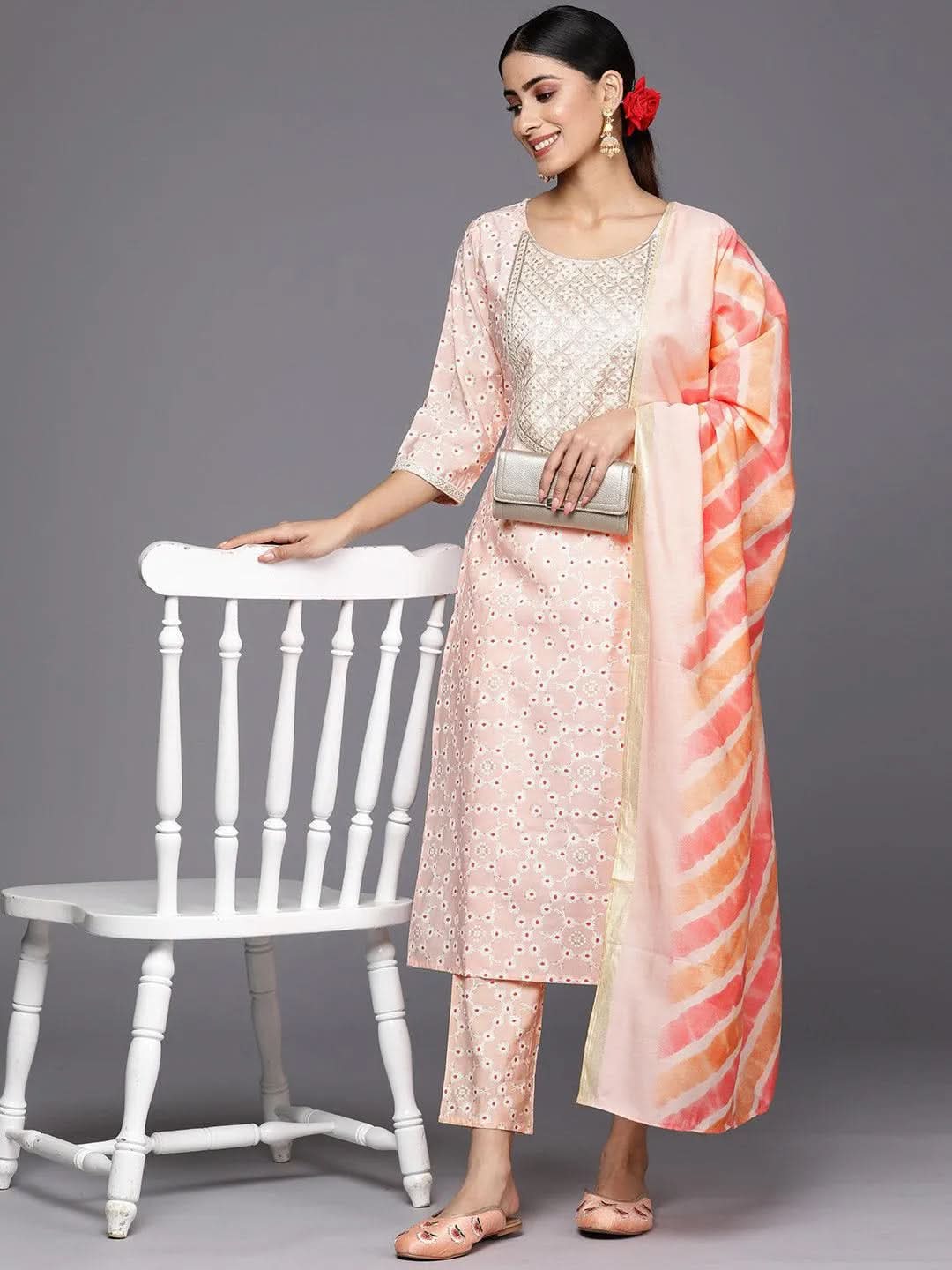 Peach Yoke Design Silk Blend Straight Kurta With Trousers & Dupatta 
Peach Yoke Design Silk Blend Straight Kurta With Trousers & Dupatta