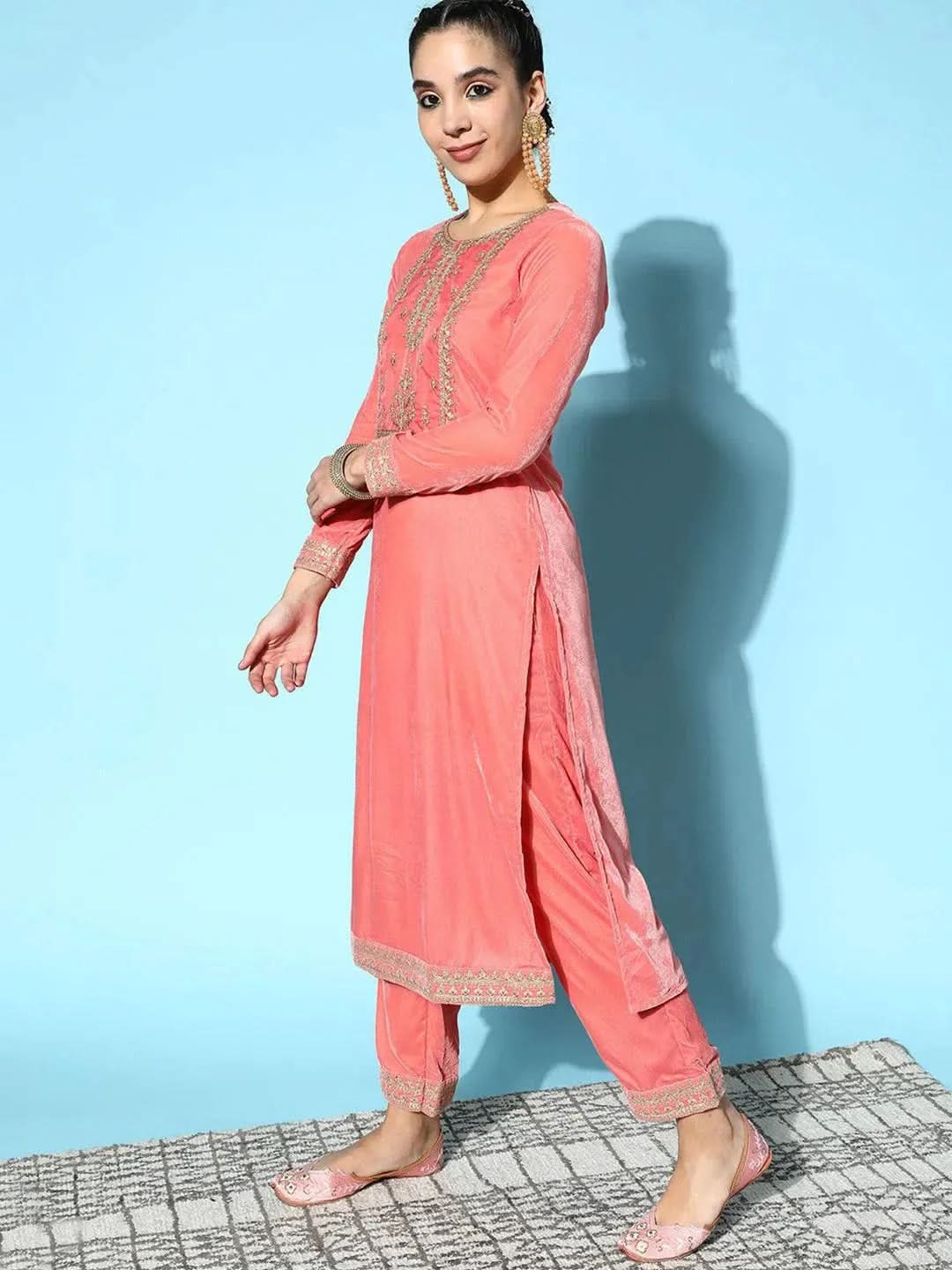 Peach Yoke Design Velvet Straight Suit Set - Libas