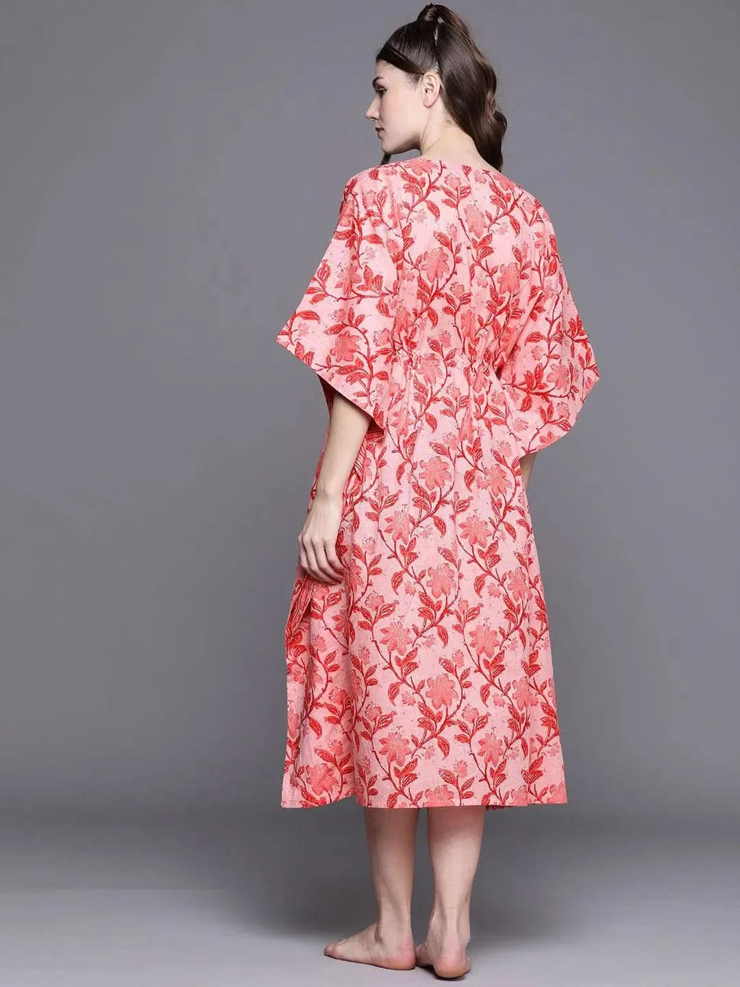 Pink Cotton Printed Kaftan Nightdress - Libas