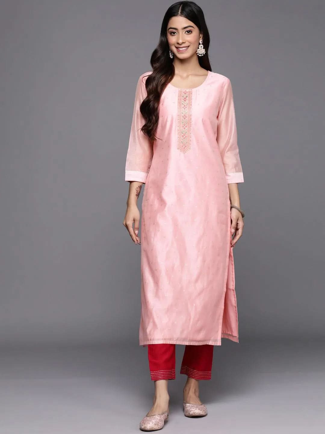 Pink Embellished Chanderi Silk Straight Kurta - Libas