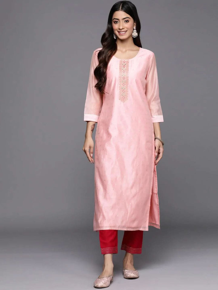 Pink Embellished Chanderi Silk Straight Kurta - Libas