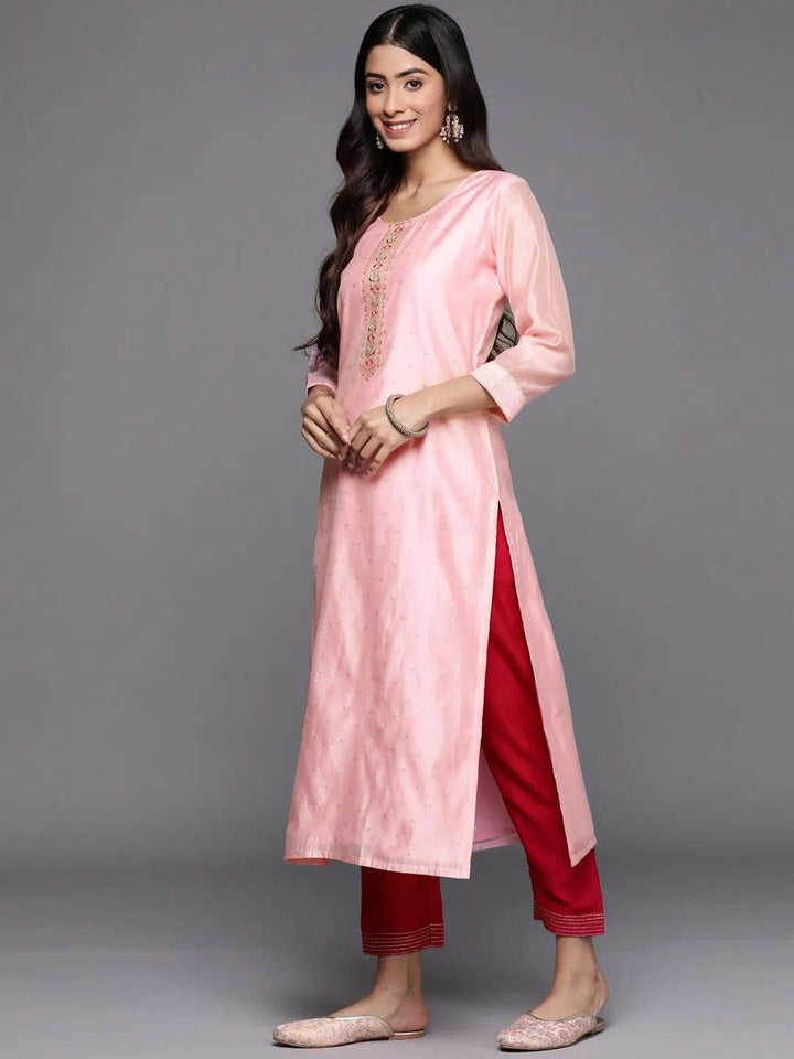 Pink Embellished Chanderi Silk Straight Kurta - Libas