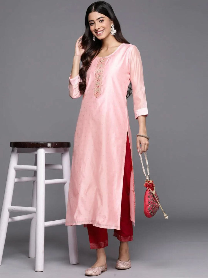 Pink Embellished Chanderi Silk Straight Kurta - Libas