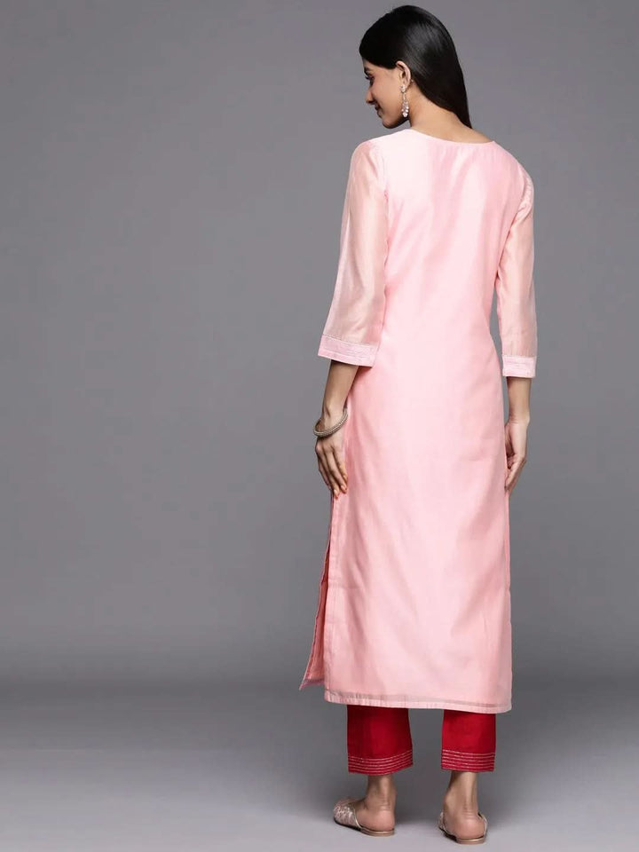 Pink Embellished Chanderi Silk Straight Kurta - Libas