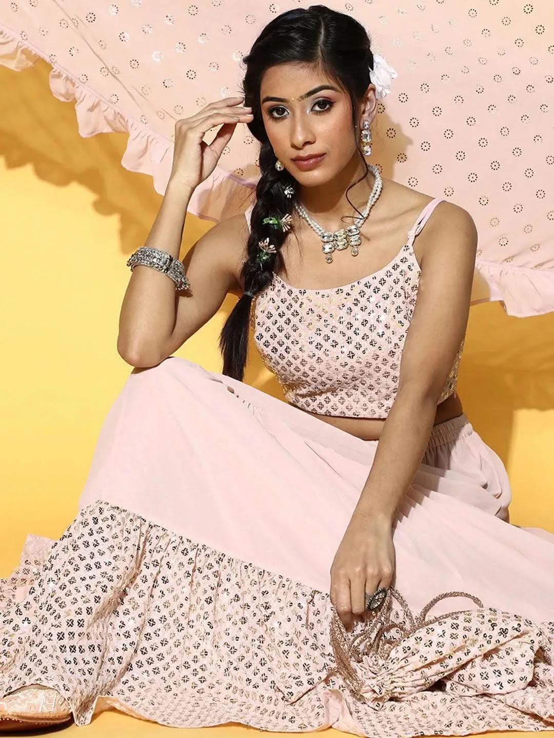 Pink Embellished Georgette Lehenga Set
Pink Embellished Georgette Lehenga Set