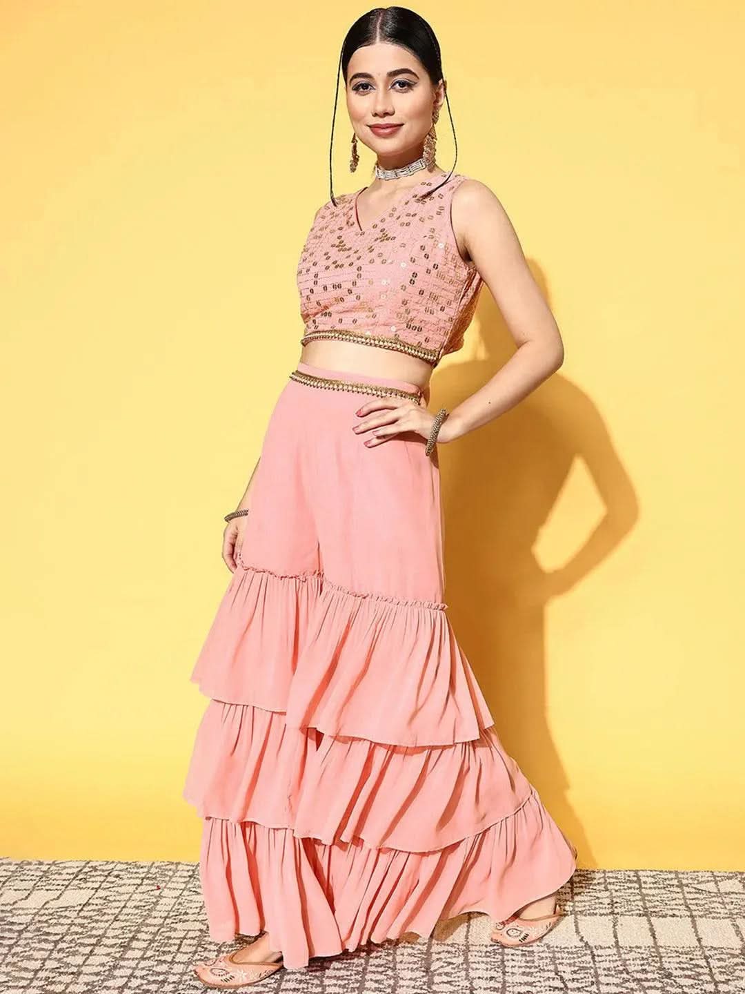 Pink Embellished Georgette Co-Ords - Libas