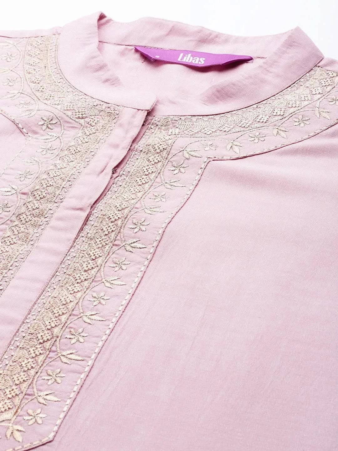 Pink Embroidered Chanderi Silk Kurta - Libas