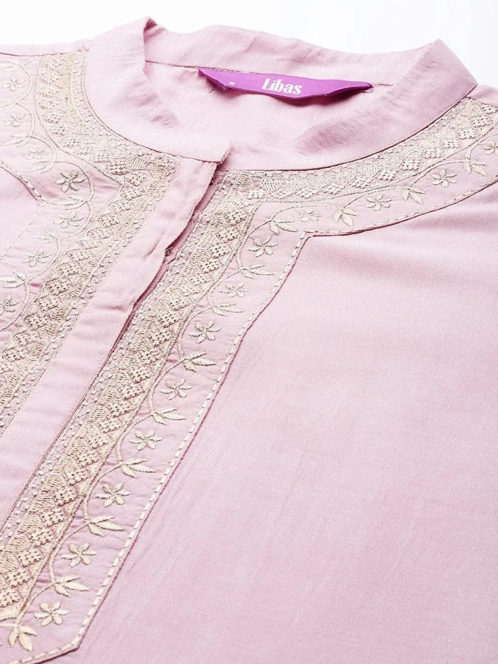 Pink Embroidered Chanderi Silk Kurta - Libas