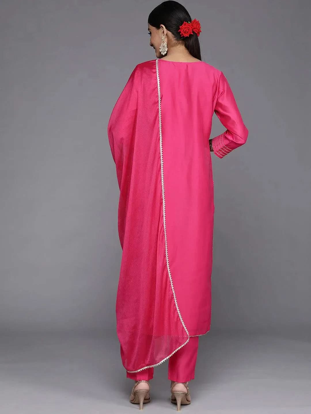 Pink Embroidered Chanderi Silk Straight Kurta With Trousers & Dupatta
Pink Embroidered Chanderi Silk Straight Kurta With Trousers & Dupatta