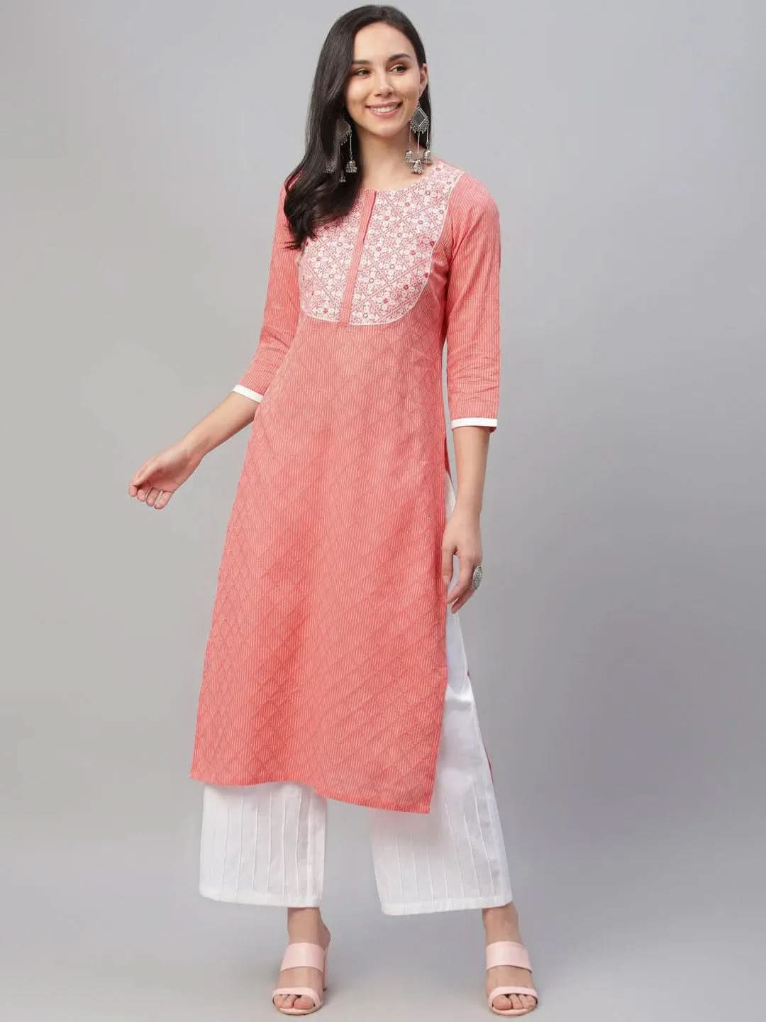 Pink Embroidered Cotton Kurta - Libas
