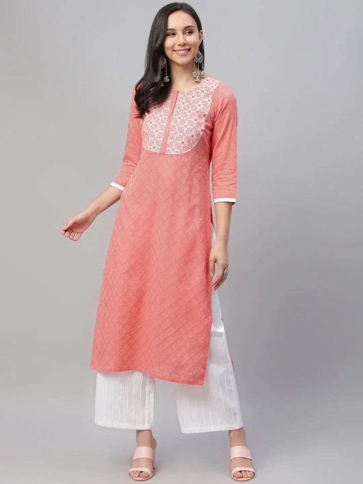 Pink Embroidered Cotton Kurta - Libas