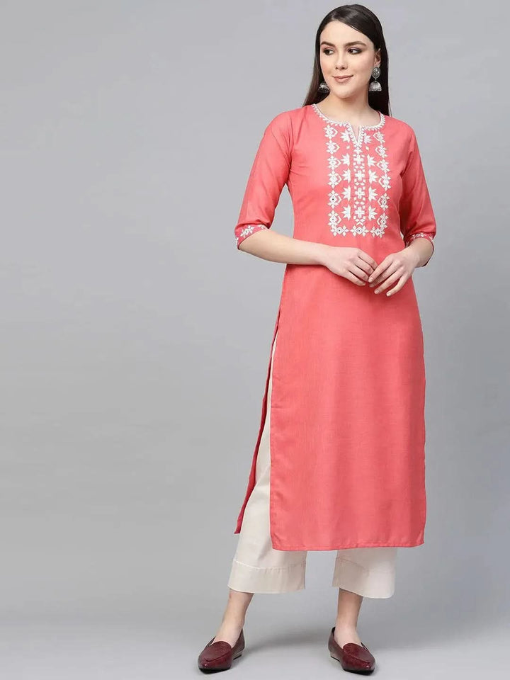 Pink Embroidered Cotton Kurta - Libas