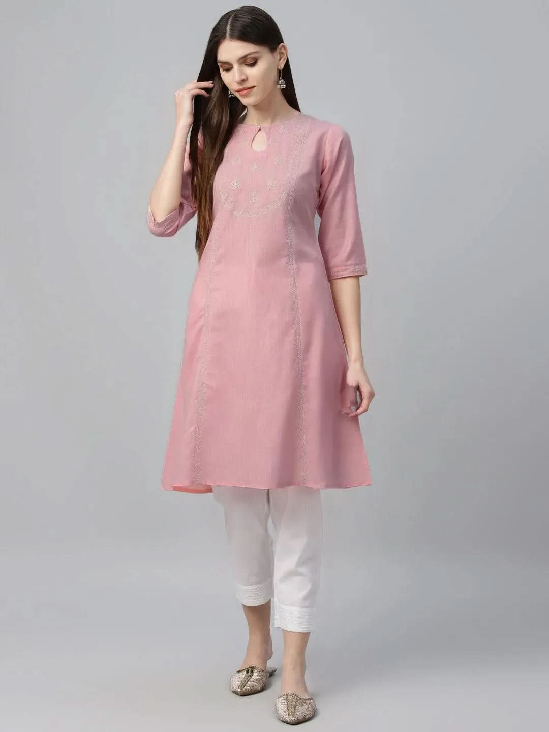 Pink Embroidered Cotton Kurta - Libas