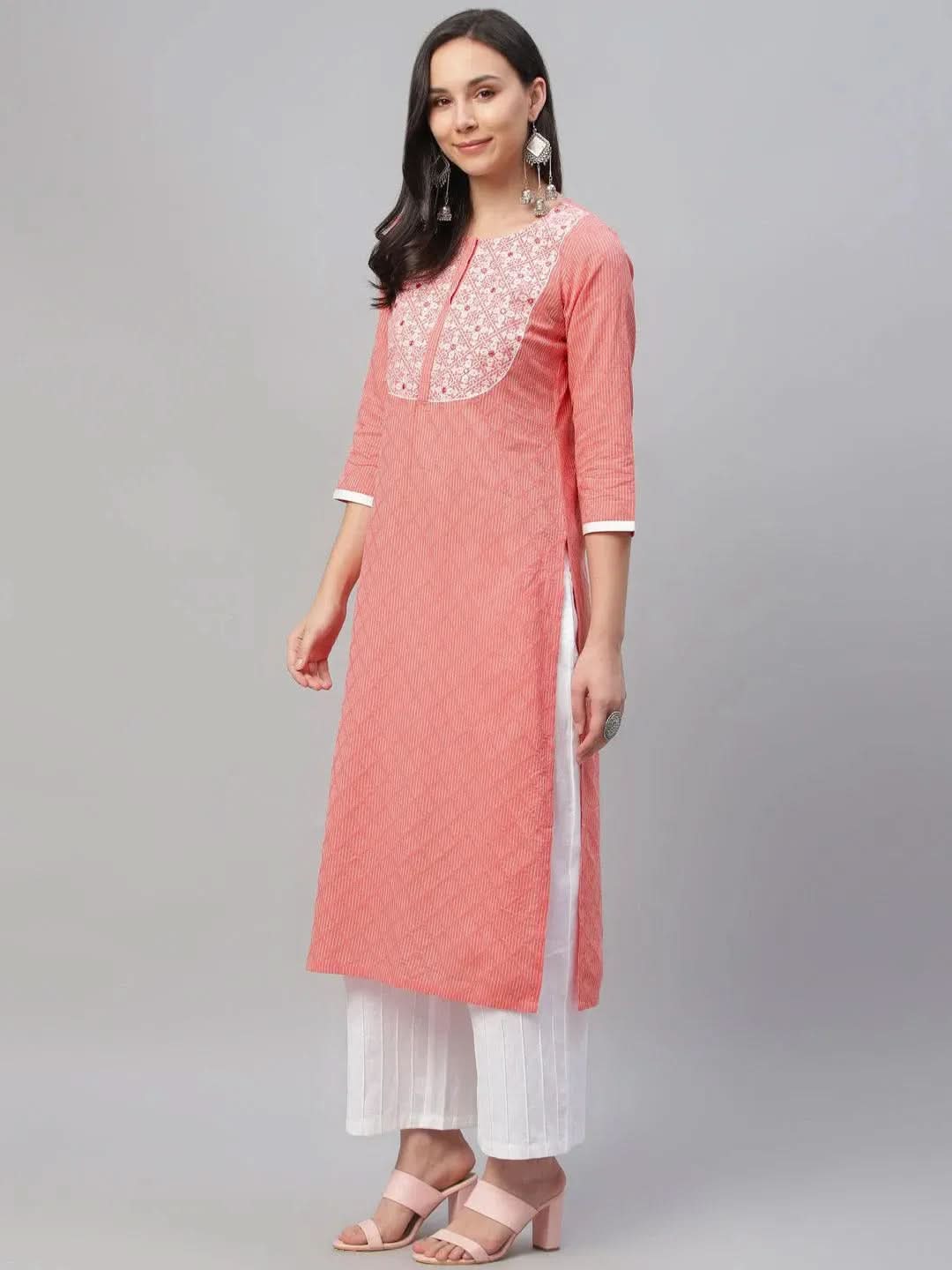 Pink Embroidered Cotton Kurta - Libas