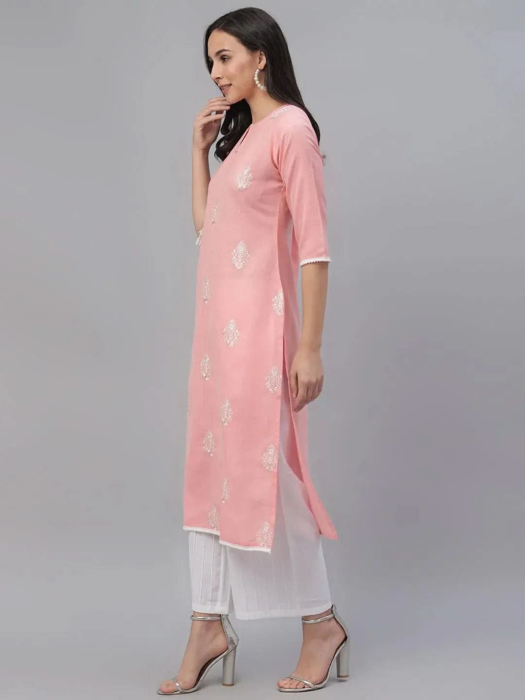 Pink Embroidered Cotton Kurta - Libas