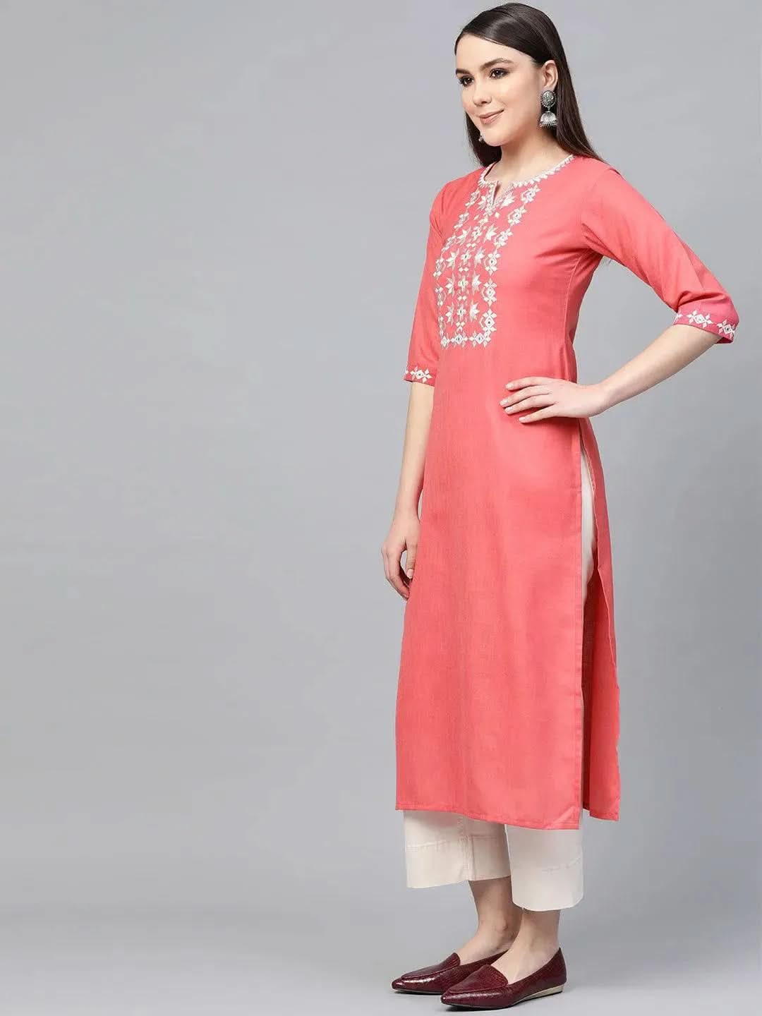 Pink Embroidered Cotton Kurta - Libas