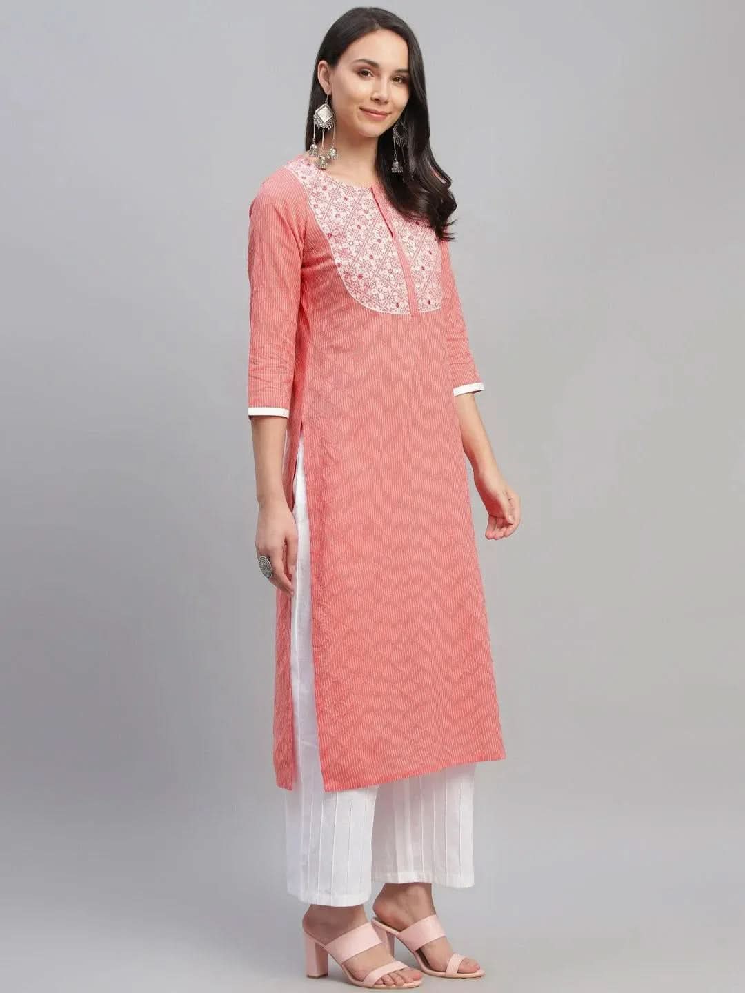 Pink Embroidered Cotton Kurta - Libas