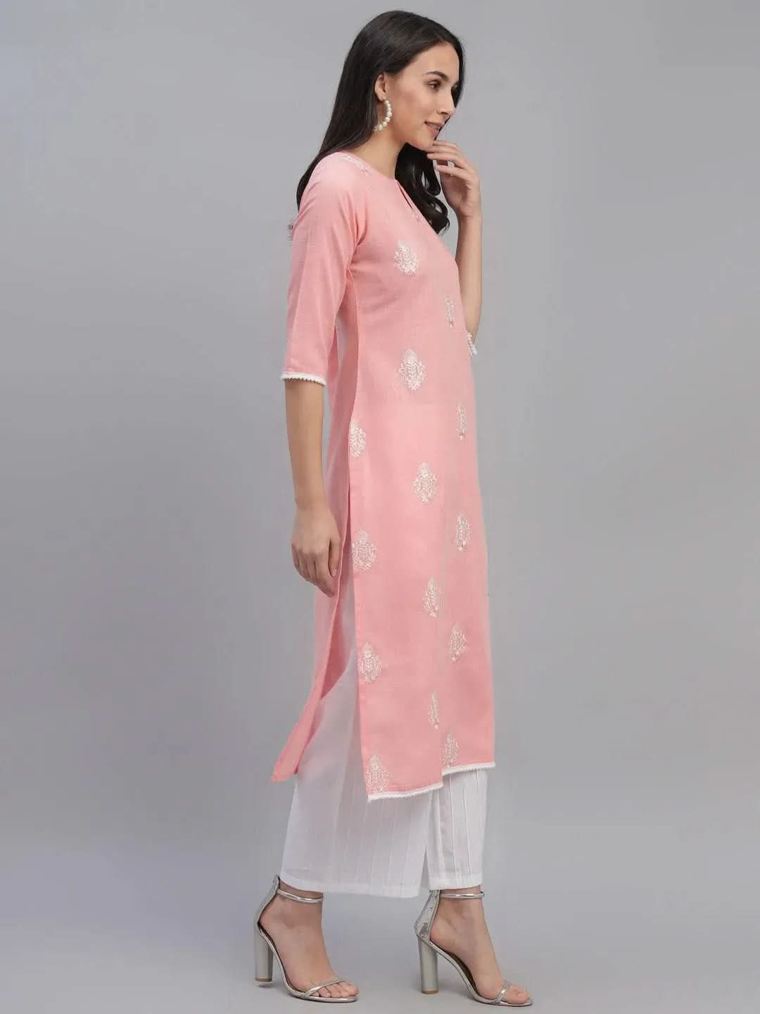 Pink Embroidered Cotton Kurta - Libas
