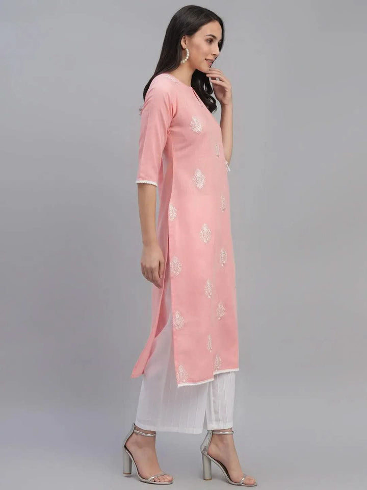 Pink Embroidered Cotton Kurta - Libas