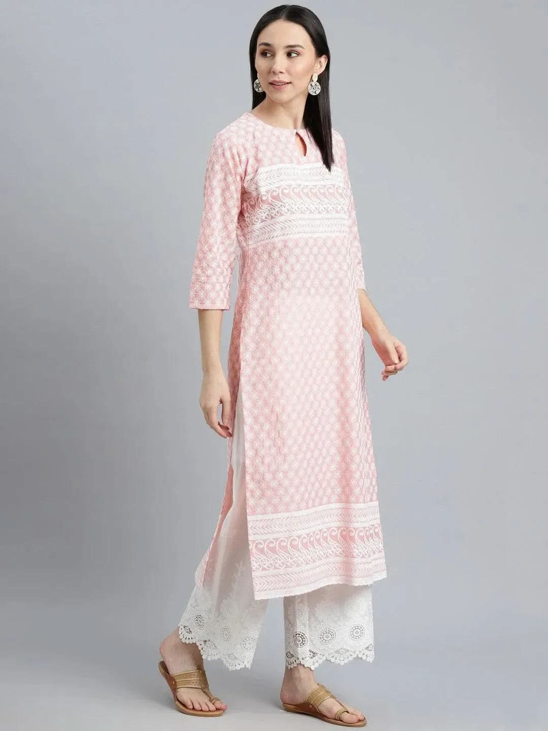 Pink Embroidered Cotton Kurta - Libas