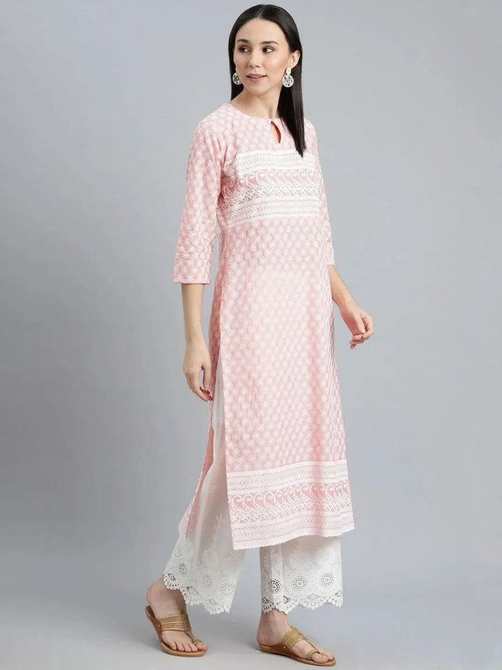 Pink Embroidered Cotton Kurta - Libas