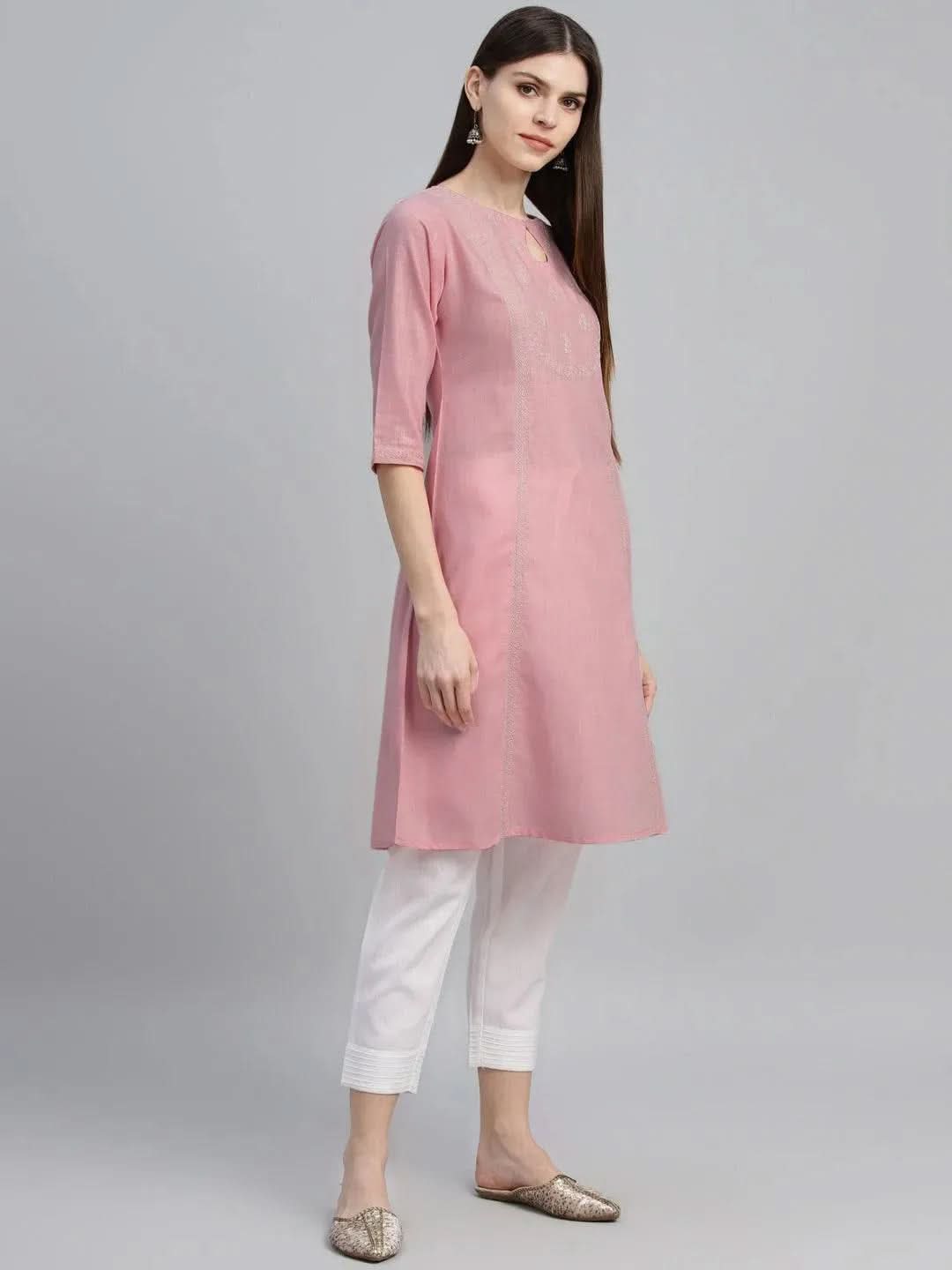 Pink Embroidered Cotton Kurta - Libas