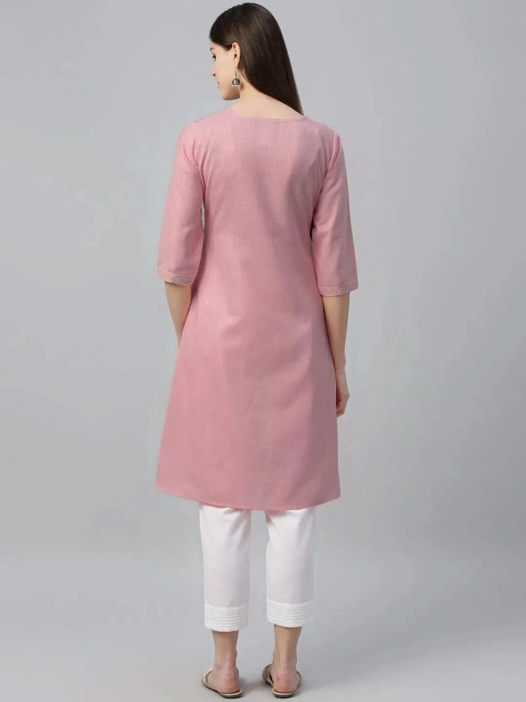 Pink Embroidered Cotton Kurta - Libas